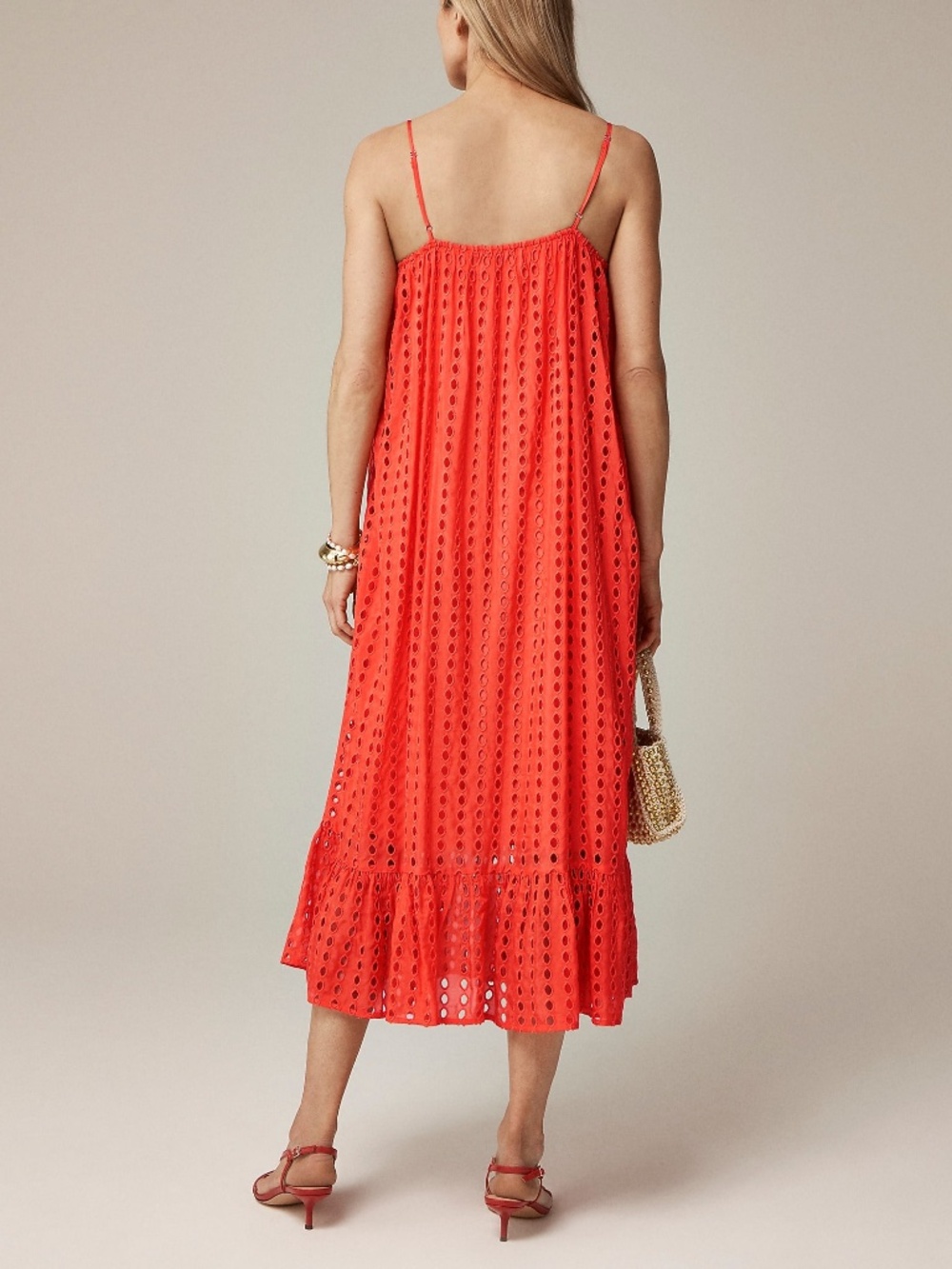 New JCREW Size XS Oval Eyelet Midi Dress in Flaming Coral Pink $278 CK828 - Picture 3 of 5